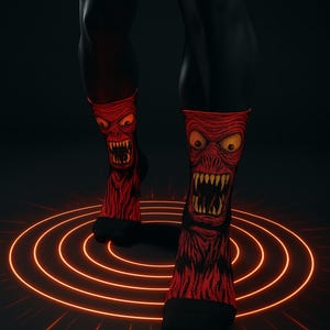 Terrifying Red Monster Halloween Socks – Spooky Creature Gift for Him or Her | Front & Back Print | Horror Novelty Socks | Fast Shipping