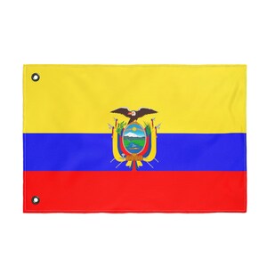 May include: A rectangular flag of Ecuador, featuring a horizontal tricolor design. The top band is yellow, the middle is blue, and the bottom is red. The Ecuadorian coat of arms is centered on the flag.