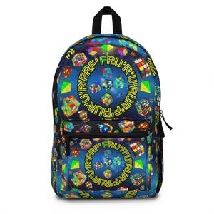 May include: Blue backpack with a repeating pattern of colorful Rubik's Cubes and geometric shapes. The design includes the text "FRU'R'U'R'F'R'E" in a circular pattern. Features a black zipper pocket and a black top handle.