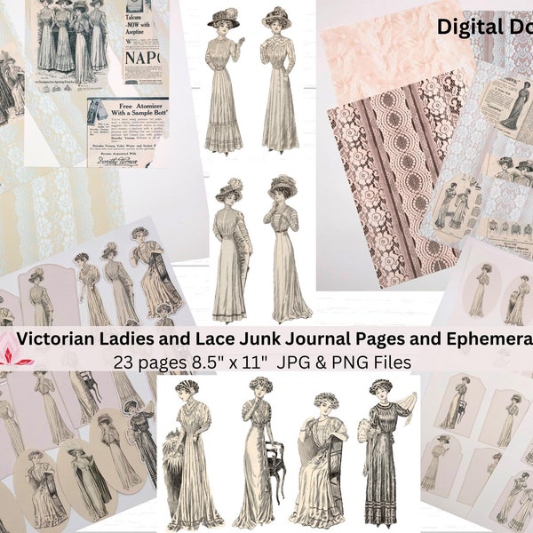 Printable Digital Paper-Victorian Digital Junk Journal Pages & Ephemera-Antique Fashion Illustration and Lace-Scrapbooking-Gift for Her