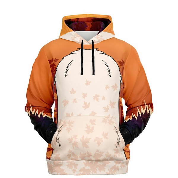 May include: A long-sleeve hooded sweatshirt featuring an orange and brown autumn-themed background with a large central white patch. The design includes scattered maple leaf patterns, black drawstrings, and dark purple accents at the cuffs.