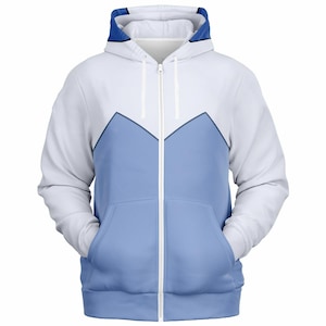 May include: A white zip-up hoodie with a blue and white colour block design. The hoodie has a hood with a white drawstring.