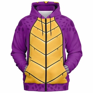 May include: Purple zip-up hoodie with a dragon scale design. The hoodie features a yellow chest and belly pattern with black outlines, a purple hood, and purple sleeves. The design includes a zipper closure and a front pocket.