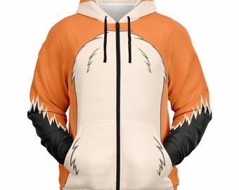 May include: Orange and white zip-up hoodie with a fox-like design. The hoodie features a white chest area, orange sleeves and hood, black accents on the sleeves, and a black zipper.