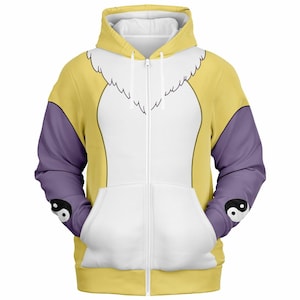 May include: A zip-up hoodie with a yellow body, white chest, and purple sleeves. The hoodie features a hood, a white zipper, and two front pockets. The sleeves have a yin-yang symbol on the cuffs. The design resembles a cartoon character.