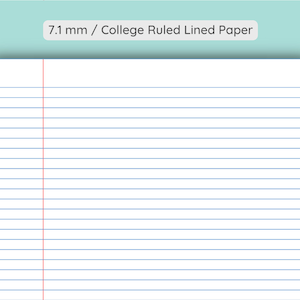 May include: A white sheet of college ruled lined paper with a red line down the center. The paper is 7.1 mm wide.
