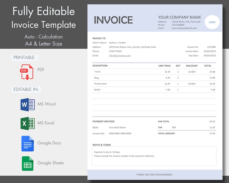 Editable Invoice Template Autocalculation PDF MS Word Etsy