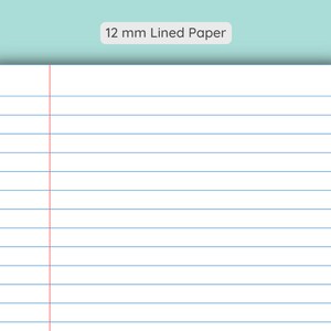 May include: White lined paper with a red line down the center. The paper is 12 mm lined.