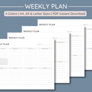 Weekly Plan | Printable Weekly Goals Habits Tracker | Week Planner  | Minimalistic | 4 Colors | A4, A5 & Letter | Instant PDF Download