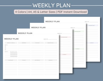 Weekly Plan | Printable Weekly Goals Habits Tracker | Week Planner  | Minimalistic | 4 Colors | A4, A5 & Letter | Instant PDF Download