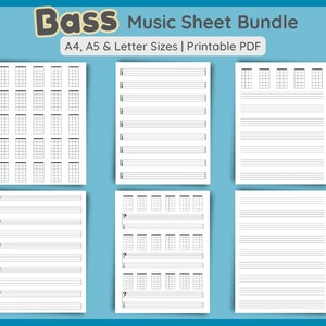 Juego de 6 partituras de bajo para imprimir, 18 plantillas, papel musical con tablaturas de acordes de bajo, tablaturas de bajo, tamaño A4, A5, tamaño carta, descarga en formato PDF