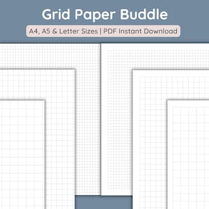 May include: A collection of white grid paper sheets in various sizes, including A4, A5, and Letter sizes. The image features multiple sheets with a fine grid pattern, ideal for note-taking, sketching, or technical drawings. The text at the top reads "Grid Paper Bundle | PDF Instant Download".