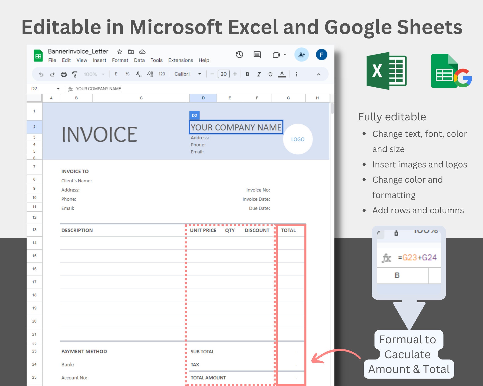 Editable Invoice Template | Auto-calculation | PDF, MS Word, MS Excel ...