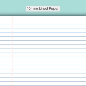 May include: A white sheet of lined paper with a red line down the left side. The lines are 10 mm apart. The paper is perfect for writing or drawing.