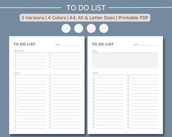 To Do List | Goal Planner Priority Tracker | Minimalistic Task Check List | 4 Colors | A4, A5 & Letter | Printable Digital PDF Download