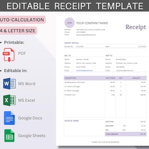 Editable Receipt Template | Auto-Calculation | PDF, MS Word, MS Excel, Google Docs, Google Sheets | A4, Letter Size Instant Download