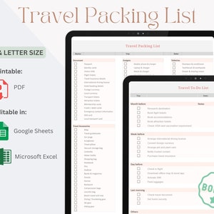 Bearbeitbare Reise-Packliste | Reise To-Do Planer | Reisegepäck Checkliste | PDF, MS Excel, Google Sheets | A4 Sofort Download