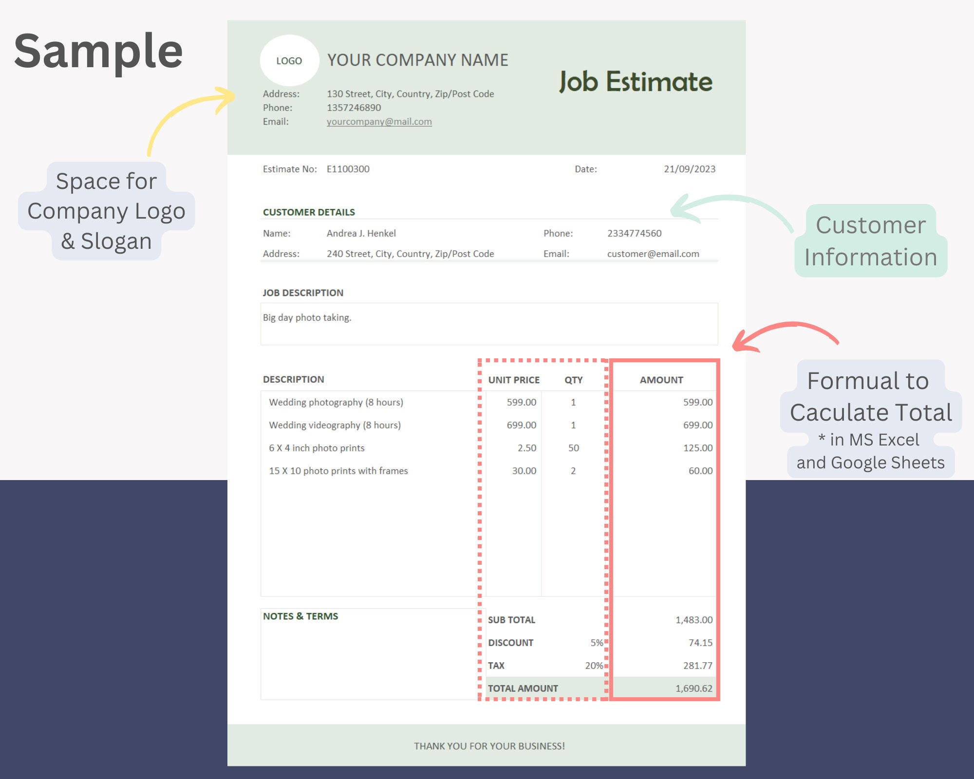 Editable Job Estimate Template | Auto-calculation | PDF, MS Word, MS ...