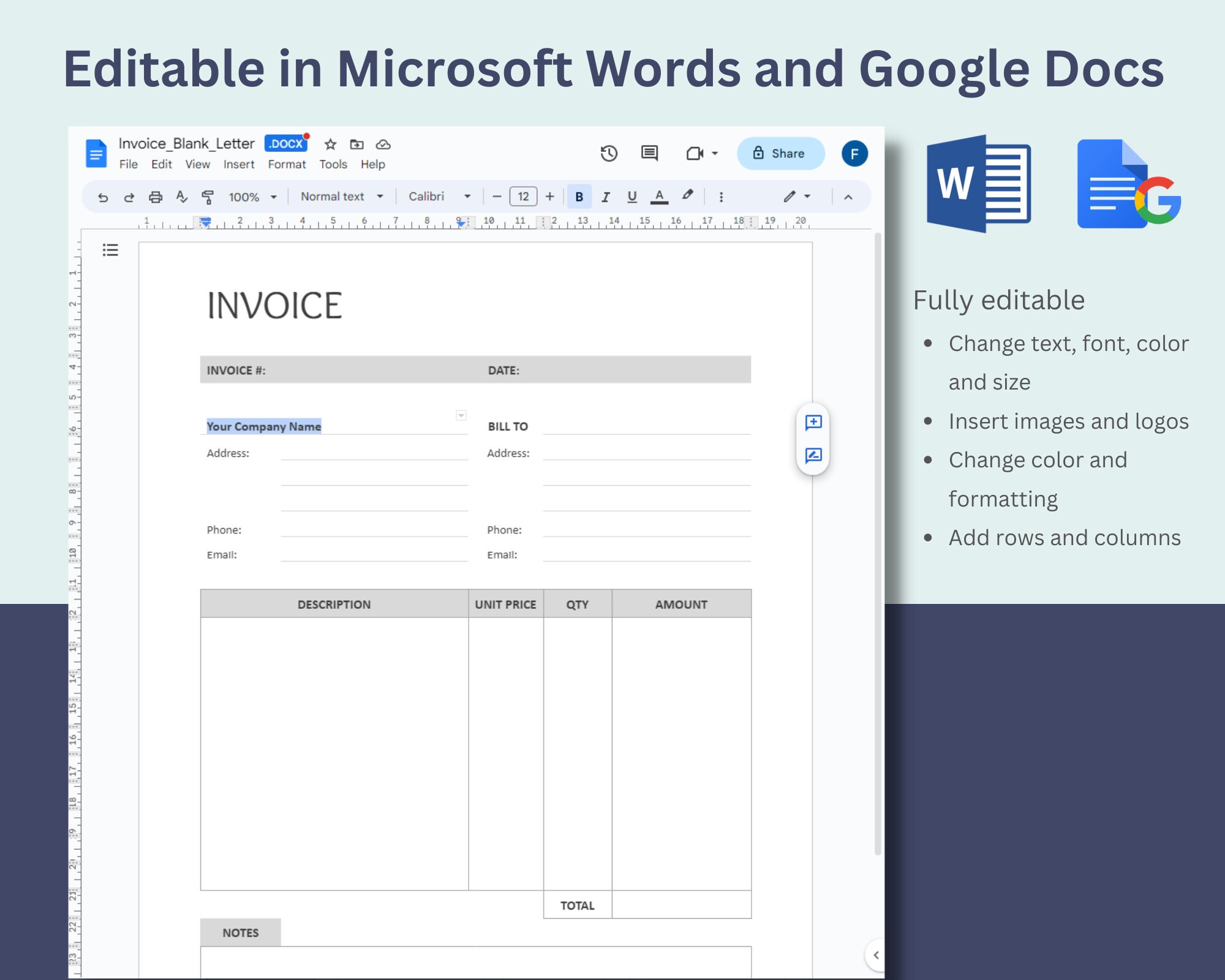 Editable Invoice Template | Auto-calculation | PDF, MS Word, MS Excel ...
