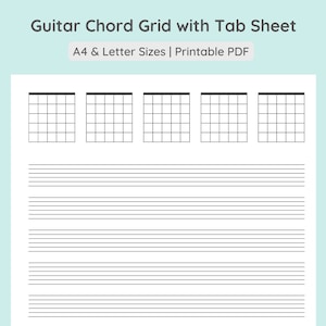 Cuadrícula de acordes de guitarra y tablatura de partituras / Tabla de acordes de guitarra en blanco con papel de partituras de guitarra / Descarga de PDF tamaño A4, tamaño carta