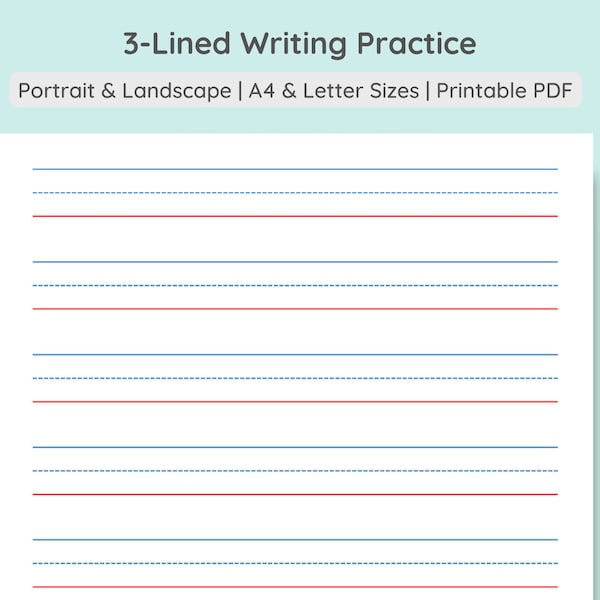 3-Lined Writing Practice Paper | Handwriting Penmanship Calligraphy Sheet | Colored & Grey | Portrait + Landscape | A4, Letter PDF Download