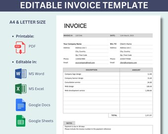 Editable Auto-Calculate Invoice Template | Printable PDF | MS Word, MS Excel, Google Docs, Google Sheets | A4, Letter Size Instant Download