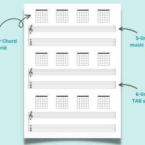 Set of 6 Printable Guitar Music Sheet Bundle 18 Templates Guitar Chord Tab Music Paper Guitar Tablature A4, A5, Letter PDF Download image 2