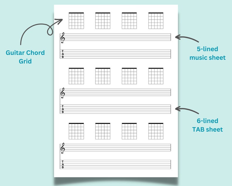 Set of 6 Printable Guitar Music Sheet Bundle 18 Templates Guitar Chord Tab Music Paper Guitar Tablature A4, A5, Letter PDF Download image 2