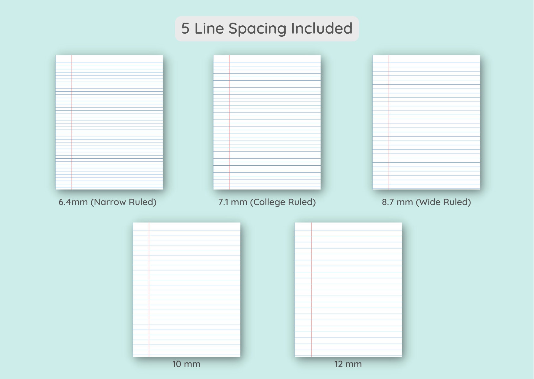 Set of 5 Colored Printable Lined Paper With Vertical Line 15