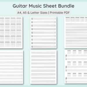 Conjunto de 6 paquetes de partituras de guitarra imprimibles / 18 plantillas / Papel musical de tablatura de acordes de guitarra / Tablatura de guitarra / A4, A5, Carta PDF Descargar imagen 1