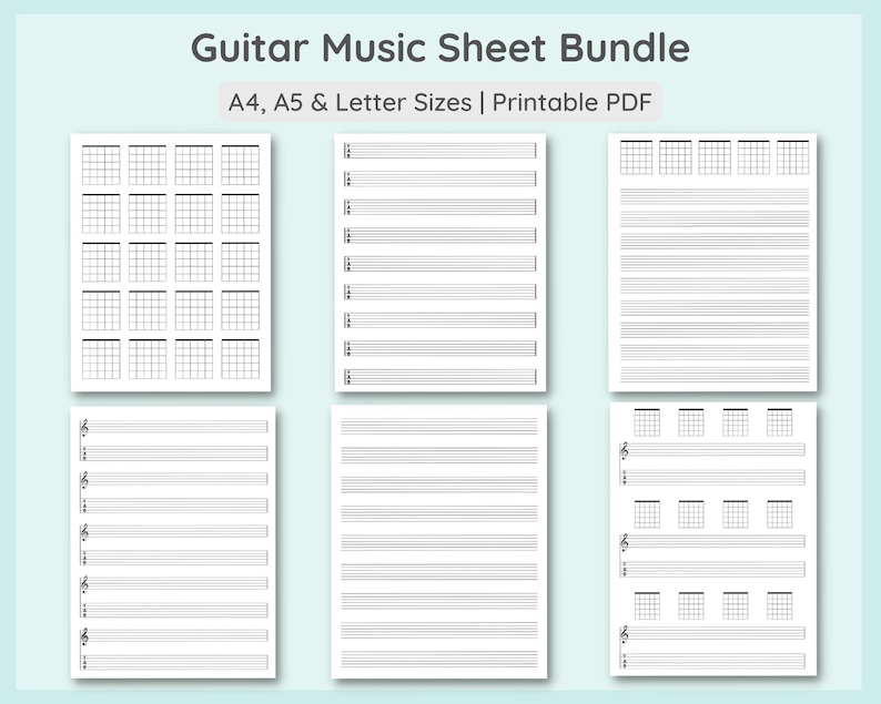 Conjunto de 6 paquetes de partituras de guitarra imprimibles / 18 plantillas / Papel musical de tablatura de acordes de guitarra / Tablatura de guitarra / A4, A5, Carta PDF Descargar imagen 1