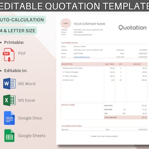 Plantilla de cotización editable / Cálculo automático / PDF, MS Word, MS Excel, Google Docs, Google Sheets / A4, tamaño carta Descarga instantánea