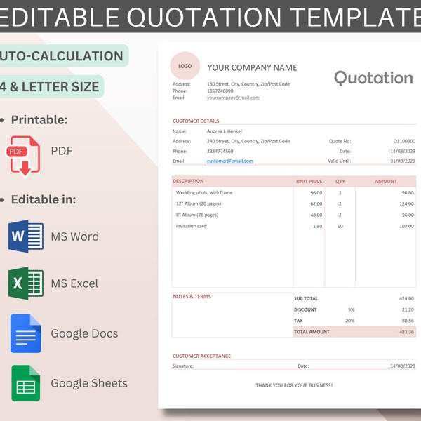 Editable Quotation Template | Auto-Calculation | PDF, MS Word, MS Excel, Google Docs, Google Sheets | A4, Letter Size Instant Download