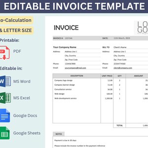 Puede incluir: Plantilla de factura editable con función de cálculo automático. La plantilla es imprimible en formato PDF y editable en MS Word, MS Excel, Google Docs y Google Sheets. La factura incluye secciones para la información de la empresa, la información del cliente, la descripción de los servicios, el precio unitario, la cantidad, el importe y el total. La factura también incluye una sección de notas con instrucciones de pago.