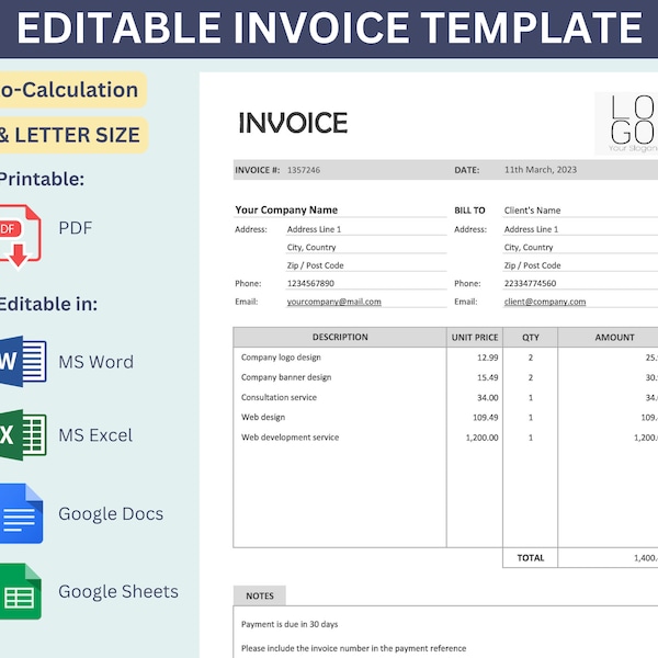 Editable Invoice Template | Auto-Calculation | PDF, MS Word, MS Excel, Google Docs, Google Sheets | A4, Letter Size Instant Download
