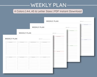 Weekly Plan | Week Planner | Printable Weekly To-Do List | Minimalistic Task Check List | 4 Colors | A4, A5 & Letter | Instant PDF Download