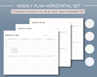 Conjunto de 3 planes semanales / Planificador de semana horizontal imprimible de 4 colores / Paisaje minimalista / A4, A5 y carta / Descarga instantánea de PDF