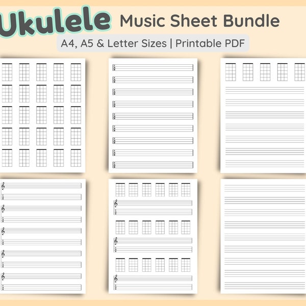 Set of 6 Printable Ukulele Music Sheet Bundle | 18 Templates | Ukulele Chord Tab Music Paper | UkuleleTablature | A4, A5, Letter Download