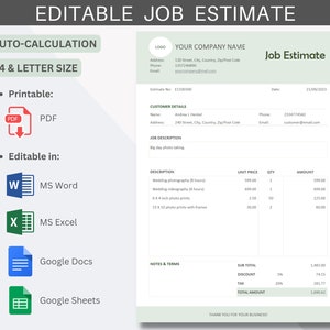 Editable Job Estimate Template | Auto-Calculation | PDF, MS Word, MS Excel, Google Docs, Google Sheets | A4, Letter Size Instant Download