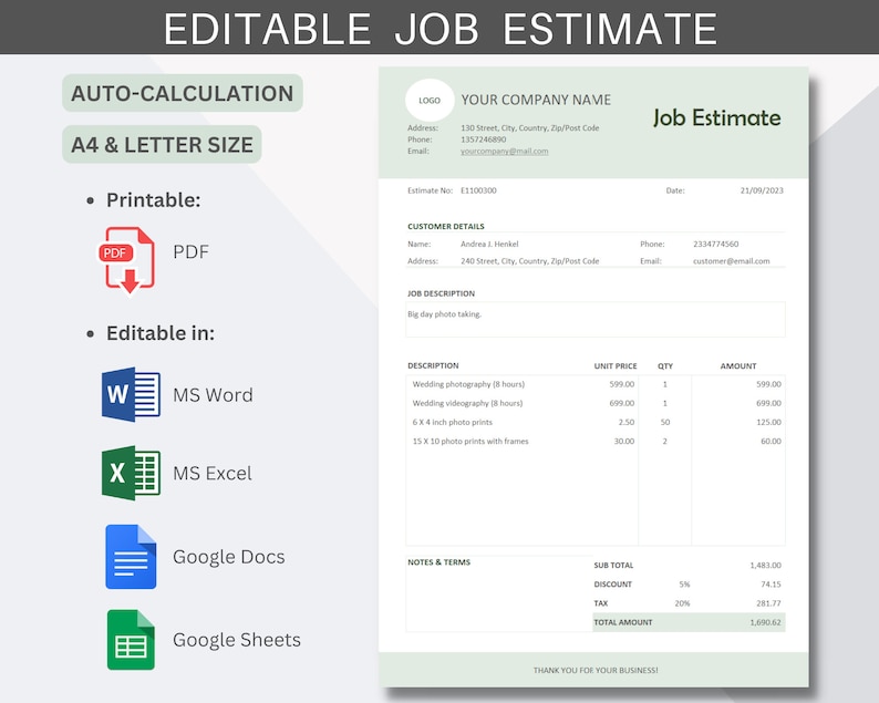 Editable Job Estimate Template Auto-calculation PDF MS - Etsy UK