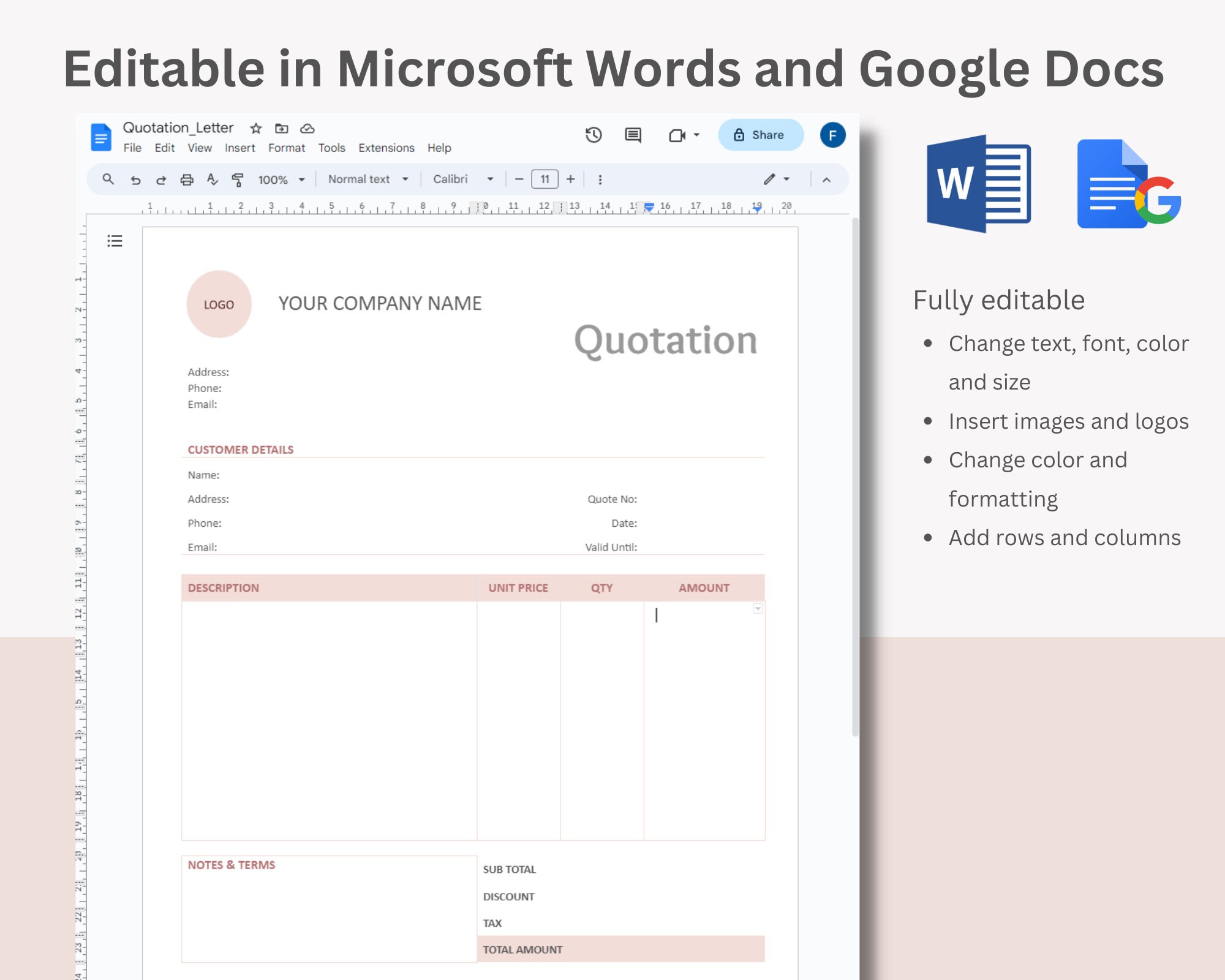 Editable Quotation Template Autocalculation PDF, MS Word, MS Excel, Google Docs, Google Sheets