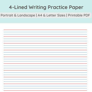Papel de práctica de escritura de 4 líneas / Hoja de caligrafía de escritura a mano / Color y gris / Vertical + Horizontal / A4, Carta PDF Descargar