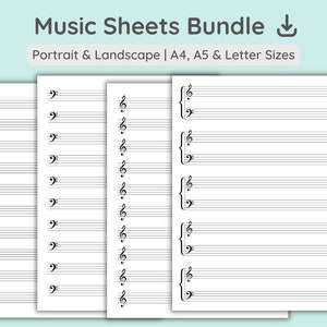 Paquete de partituras musicales / Partituras musicales imprimibles / Papel manuscrito digital / Pentagrama de piano / Vertical y horizontal / A4, A5, Carta Descargar PDF