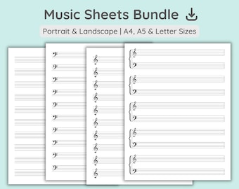 Sheet Music Bundle | Printable Music Sheets | Digital Manuscript Paper | Piano Staff | Portriat & Landscape | A4, A5, Letter PDF Download