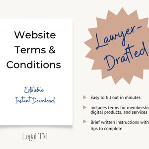 Könnte beinhalten: Ein rosa Stern mit dem Text "Lawyer-Drafted" in Blau. Der Text "Website Terms & Conditions" ist in Schwarz auf weißem Hintergrund. Der Text "Editable Instant Download" ist in Blau auf weißem Hintergrund. Der Text "Legal TM" ist in Blau auf weißem Hintergrund. Der Text "Easy to fill out in minutes" ist in Schwarz auf weißem Hintergrund. Der Text "includes terms for memberships, digital products, and services" ist in Schwarz auf weißem Hintergrund. Der Text "Brief written instructions with tips to complete" ist in Schwarz auf weißem Hintergrund.