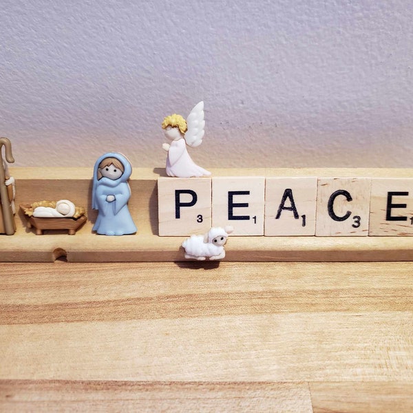 Peace Nativity Christmas Themed Scrabble Tile Holder Word Display Piece for Desk Shelf Windowsill