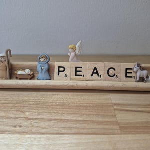 Peace Nativity Christmas Themed Scrabble Tile Holder Word Display Piece for Desk Shelf Windowsill