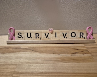 Breast Cancer Survivor Scrabble Shelf Decor Name Plate Gift, Breast Cancer Awareness, Breast Cancer Hero Gift, Pink Ribbon