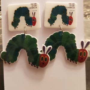 The Very Hungry Caterpillar Book Cover and Character Eric Carle Book Character Earrings Teacher Earrings Dangle Earrings Jewelry Accessories