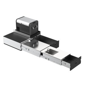May include: A black and silver camping kitchen unit with a built-in cooler, sink, and pull-out drawers. The cooler is black with a silver top. The sink has a silver tap. The unit is designed for outdoor use.